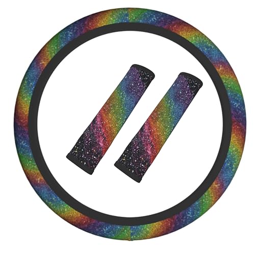 Rainbow Steering Wheel Cover Elastic Non-Slip Car Steering Wheel Covers with Seat Belt Shoulder Pad for Women Men - color: Rainbow