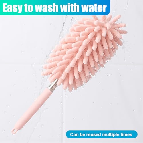 2PCS Car Interior Duster with Extension Pole – Washable Microfiber Dusters Detailing Brushes with Bendable Head, Long Handle Cleaning Duster Tool for Car Dash, Vents, Window, Furniture, Office (Pink) - color: Pink