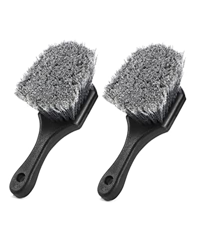 QWORK Short Handle Tire and Wheel Brush for Car Rim, Soft Bristles for Gentle Washing, Efficiently Cleans Tires