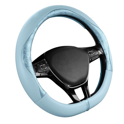 PIC AUTO Steering Wheel Cover, Light Blue Patterned Leather Patchwork Design, Universal Fit 14.5"–15.5" D-Shape Steering Cover, Soft PU Grain Leather, Durable Grip Car Accessory for Girls & Women - color: Fits D-Shape Light Blue