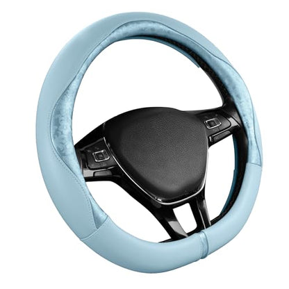 PIC AUTO Steering Wheel Cover, Light Blue Patterned Leather Patchwork Design, Universal Fit 14.5"–15.5" D-Shape Steering Cover, Soft PU Grain Leather, Durable Grip Car Accessory for Girls & Women - color: Fits D-Shape Light Blue