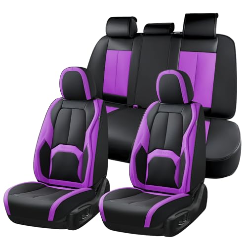 Coverado Car Seat Covers Full Set, Waterproof Nappa Leather Seat Covers for Car, Car Seat Protector with Lumbar Support, Automotive Seat Covers Universal Fit for Most Cars SUV Trucks, (Black&Purple) - color: A-Black&Purple, size: Fullset