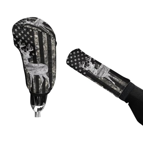 KEIAHUAN 2 Piece Car Gear Shift Knob Cover + Handbrake Sleeve Cover Washable Neoprene Cloth Car Interior Accessories Universal Fits for SUV,Sedan,Van, American Flag Deer Camo Hunting - color: American Flag Deer Camo Hunting
