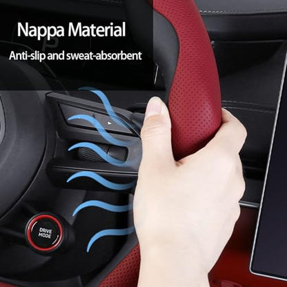 Car Steering Wheel Cover, Nappa Leather, Segmented, Anti-Slip, Odorless, Breathable, for General Motors, 14-15inch (Red) - color: Red