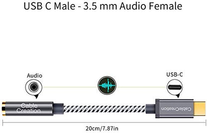 CableCreation USB C to 3.5mm Audio Adapter, Type C to Headphone Adapter, USB C to Aux 24bit/96kHz HiFi DAC Cable for iPhone 16 15 Pro Max/15 Pro/15 Plus, iPad, Galaxy S24 S23 Ultra, Pixel 9, 0.33 ft - style: USB C+3.5mm Audio (1-Port)