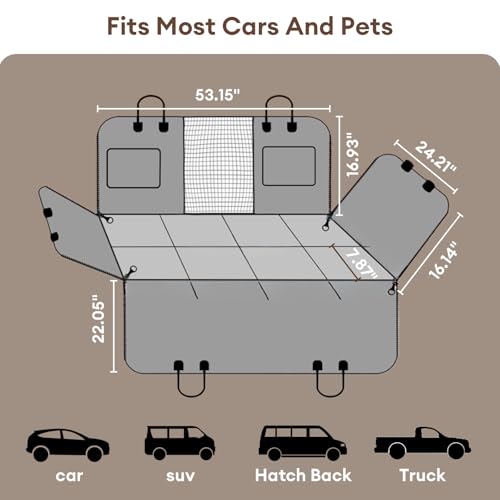 FUNNY FUZZY Dog Car Seat Cover, Back Seat Extender for Dogs - 420Lb Hard Bottom Waterproof Pet Car Seat Cover, 600D Heavy Duty Pet Hammock with Non-Slip Bottom for Cars, SUV, Trucks - color: Taupe