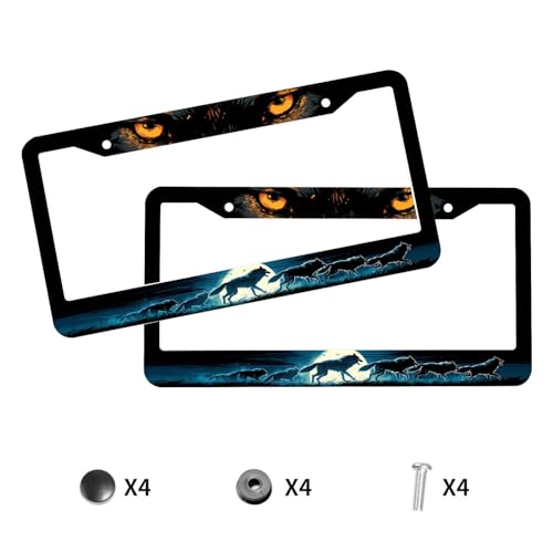 Wolf License Plate Frame Wolf Pack Moon Ferocious Animal License Plate Personalise Stainless Steel Funny Design Compatible with Standard License Plate Holder for USA and Canada 12.2" X 6.2" - color: Wolf_30