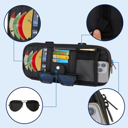 Car Sun Visor Organizer with Extendable Sunshade,Upgraded Version Multi-Pocket Visor Organizer Storage for Car/SUV/Truck with 13CD Holders,Sunglass Clip, Card Holder,Visor Accessories - style: With extender model-Black