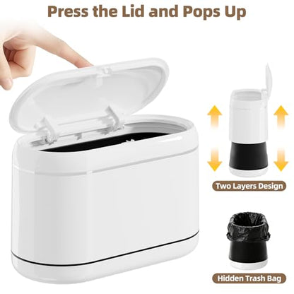 PAVSTINE Mini Trash Can for Desk with 5 Rolls of Trash Bags, Small Press-Top Countertop Garbage Bin, Removable Waste Basket for Bedroom, Vanity, Coffee Table, Kitchen (White Full-Lid) - color: White Full-Lid
