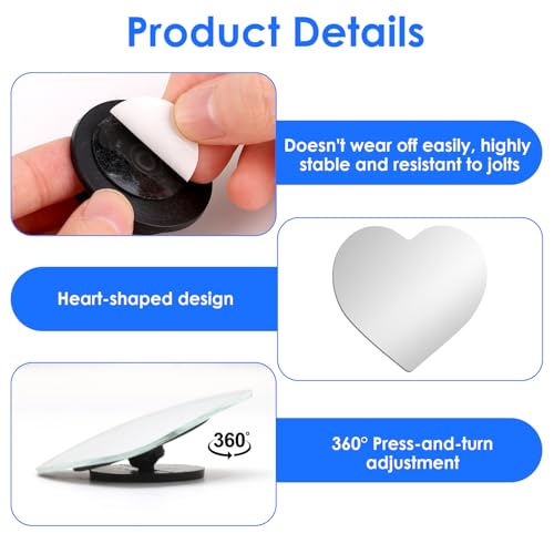 4 Pcs Heart Shaped Blind Spot Mirrors for Cars, Shatterproof Convex Glass with 360° Adjustment, Universal Stick On Side Mirror Accessories for Enhanced Safety on Cars, SUV, Trucks