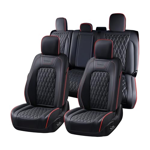 Coverado Leather Seat Covers Full Set for Ford F150F250F350F450(2015-2026)Waterproof Automotive Cushion Covers for Pick-Up Trucks Custom Fit for F150 SuperCrew&F250–F450 Super Duty Crew Cab(Red Line) - color: Black-Red line, size: Fullset