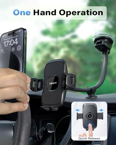 1Zero Solid Car Truck Phone Mount Holder with 14-Inch Gooseneck Long Arm, Windshield Window Mobile Holders w/Industrial-Strength Suction Cup, Anti-Shake Stabilizer Compatible All Cell Phones, Black - color: Faux Leather Surface with Black Ring