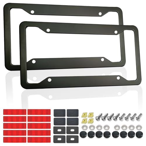 Black License Plate Frames- 2 Pack Aluminum Car Tag Holder, with Mount Screws Caps, Rattle Proof Pads, Reflective Stickers, Universal Fit for Front/Rear - color: Black