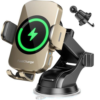 Wireless Car Charger, Fast Charging Phone Holder 3 in 1 Phone Mount Auto Clamping Car Accessories Compatible with iPhone 17 16 15 14 13 12 11 Xs XR, Samsung S23 Ultra S22 S21 S20(Amber Yellow) - color: Amber Yellow
