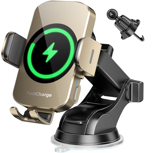 Wireless Car Charger, Fast Charging Phone Holder 3 in 1 Phone Mount Auto Clamping Car Accessories Compatible with iPhone 17 16 15 14 13 12 11 Xs XR, Samsung S23 Ultra S22 S21 S20(Amber Yellow) - color: Amber Yellow