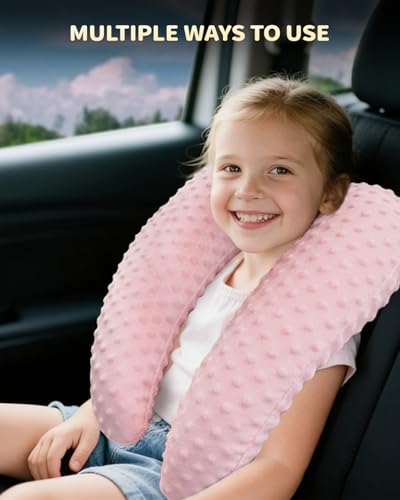 Memory Foam Kids Travel Pillow, Car Pillow for Kids, H-Shape Car Pillows for Sleeping, Removable Pillowcase, Adjustable, Velvet Dots, Pink - color: Velvet Dots Pink