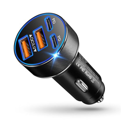 USB C Car Charger, Multi Port 90W Super Fast Charging Cigarette Lighter Adapter, 4-in-1 Dual USB-C & USB-A Car Phone Power Adapter for iPhone 17/16/15/Pro Max, iPad, Samsung Galaxy S25 (Black, 1-Pack) - size: 1-Pack