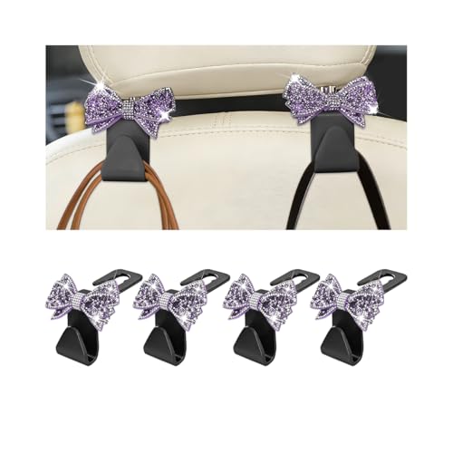 Zpana Bling Car Headreat Hook, 2PCS Crystal Rhinestone Cute Bow Vehicle Seat Back Hanger Storage for Purses Bags Grocery, Diamond Auto Rear Seat Organizer, Universal for SUV Truck Sedan (Purple) - style: Purple/4PCS