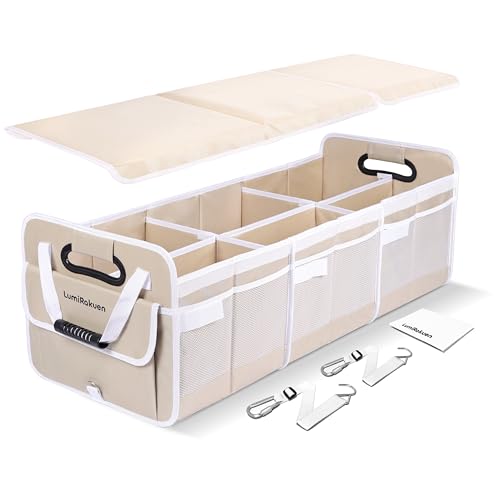 Heavy Duty Trunk Organizer with Lid for Car SUV-1680D Water-Resistant &3.5mm PP Skeleton,Collapsible Storage Box with No Sliding Metal Hooks,Fits Tesla,Truck,Sedan(XL, Cream) - color: Cream Beige