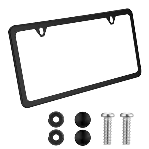 License Plate Frames Stainless Steel License Plate Two Hole Slim Version Licenses Plates Frame Flat Licenses Plates Holder with Metal Screw Caps Car Accessories (Black)