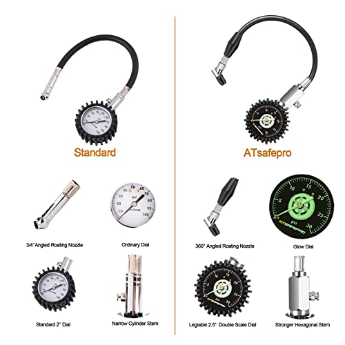 ATsafepro Low Pressure Tire Gauge to 30PSI, 2.5” Mechanical Tire Gauge with Flexible Hose and Angled Chuck, Analog Air Pressure Gauge Glow in The Dark for ATV, Off Road, Lawn Mower Etc - size: 30 PSI