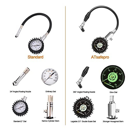 ATsafepro Low Pressure Tire Gauge to 30PSI, 2.5” Mechanical Tire Gauge with Flexible Hose and Angled Chuck, Analog Air Pressure Gauge Glow in The Dark for ATV, Off Road, Lawn Mower Etc - size: 30 PSI