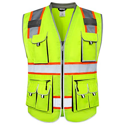 JKSafety 10 Pockets Class 2 Hi-Vis Zipper Front Yellow Safety Vest | Cushioned Collar | High Reflective Tapes with Extended Neon Orange Strips | Meets ANSI/ISEA Standards (Medium, 89-Yellow) - color: Yellowt2s1, size: Medium