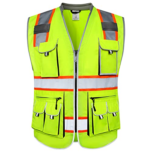 JKSafety 10 Pockets Class 2 Hi-Vis Zipper Front Yellow Safety Vest | Cushioned Collar | High Reflective Tapes with Extended Neon Orange Strips | Meets ANSI/ISEA Standards (Medium, 89-Yellow) - color: Yellowt2s1, size: Medium