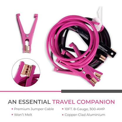 Car Emergency Kit with Air Compressor, Jumper Cables, First Aid, Tow Strap, Tire Gauge, Headlamp – Roadside Safety Kit for Women, Men, Teens (Pink) - color: Pink