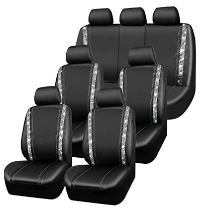 CAR PASS Bling Diamond Car Seat Covers, Shining Rhinestones Waterproof Faux Leather, 7 Seats 3 Rows with Zipper Glitter Crystal Sparkle Strips Universal Fit 95% MPV,SUV,CAR for Women Girl, Silver - color: Silver Seven Seats, size: Full Set