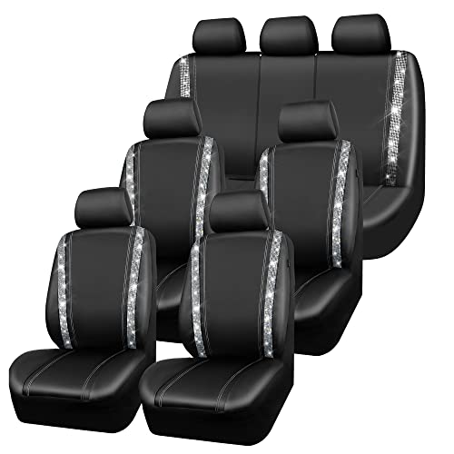 CAR PASS Bling Diamond Car Seat Covers, Shining Rhinestones Waterproof Faux Leather, 7 Seats 3 Rows with Zipper Glitter Crystal Sparkle Strips Universal Fit 95% MPV,SUV,CAR for Women Girl, Silver - color: Silver Seven Seats, size: Full Set