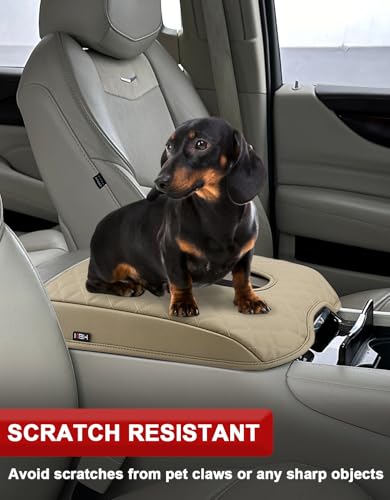 KBH Center Console Armrest Cover for Cadillac Escalade 2015 2016 2017 2018 2019 2020, Vinyl Leather Trim, Middle Console Arm Rest Lid Cushion Pad, Anti-Scratch, Beige - color: Beige, size: Cadillac Escalade 2015-2020