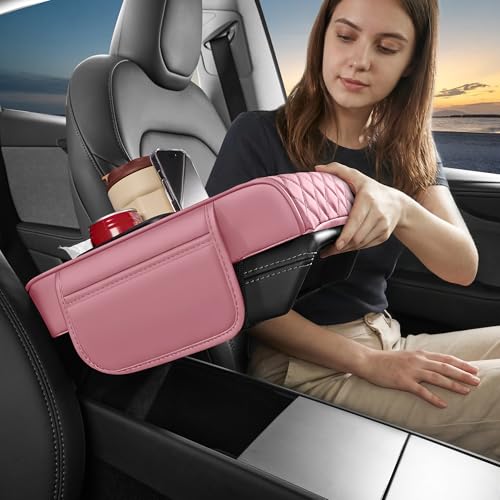 5 in 1 Car Center Console Cover, Armrest Pad with 2 Storage Pockets, Cup Holder, Tissue Box Slot, Phone Holder, Universal Car Interior Organizer (Pink) - color: Pink
