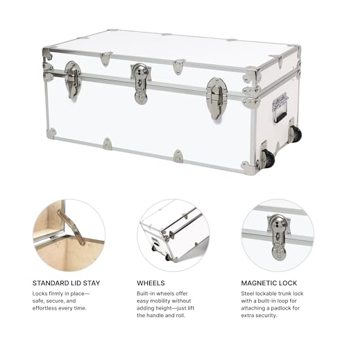 Rhino Trunk & Case Large Essential Trunk With Wheels 32”x18”x14”, 1000+ lbs Capacity - Many Colors. Strong, USA Made Summer Camp Footlocker, and Secure College Dorm Storage Chest - color: White