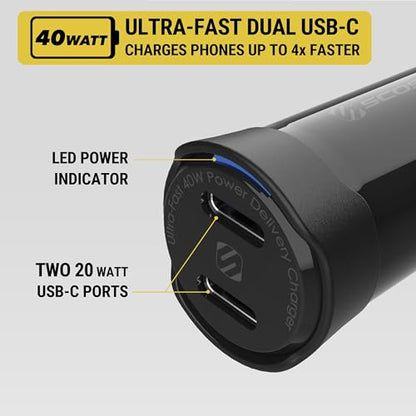 Scosche CPDCC40M PowerVolt 40W Certified Dual Port USB-C Car Charger, Flush Cigarette Lighter Adapter, Fast Charging Car Plug for 12V Power Outlet Compatible with iPhone, Galaxy and All USB-C Devices - size: Dual Port, style: 40W