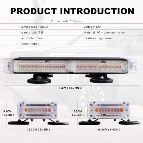 78 LED Rooftop Emergency Strobe Light Bar, Double Sided LED Flashing Safety Warning Traffic Advisor Beacon Strobe Light with Magnetic Base for Trucks Construction Vehicles Pickup Tow(Amber) - color: Amber