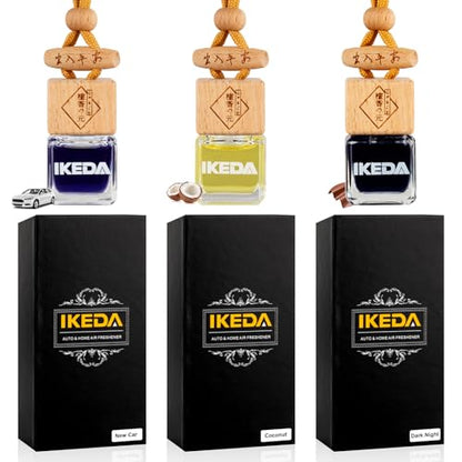 Ikeda Car Air Freshener, Hanging Essential Oil Diffuser For Automotive, 45+ days Long Lasting Fragrance, Includes: Dark Night and Coconut and New Car (10ml Pack of 3)