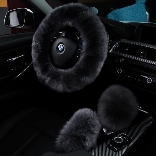 3Pcs Set Fashion Fluffy Fuzzy Wool Fur Soft Steering Wheel Cover with Handbrake Cover & Gear Shift Cover for Women Girls Car Decoration Long Wool Accessories 14 1/2-15 1/2 inchs (Steel) - color: Steel, size: Long Wool