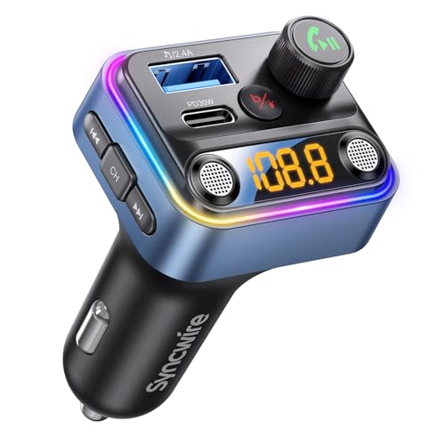 Syncwire Bluetooth 5.4 FM Transmitter Car Adapter 42W [Light Switch] [Stronger Dual Mics] [HiFi Bass Sound] [Fast Charging] Wireless FM Radio Music Adapter Hands-Free Calling Support USB Drive, Blue - color: Blue