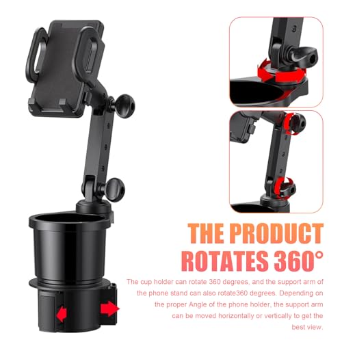 Car Cup Holder Mobile Phone Rack, Multi-Function 2 in 1 Cup Holder Expander, 360 Degrees Rotatable Automotive Phones Mount, Universal for Most Cars, Trucks, SUVs (Black)
