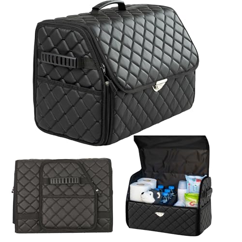Leather Trunk Organizer with Lid for Suv and more, Foldable Car Organizer, Car Organizers and Storage with Pockets, Non-Slip Design (Black-Black) - color: Black-Black