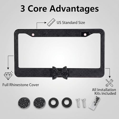 Fashion Premium Handmade Crystal License Plate Frames,Waterproof Bling License Plate Covers,US Universal Rhinestone License Plate Holder for Women(1 Frame,Black Frame Black Bowknot)