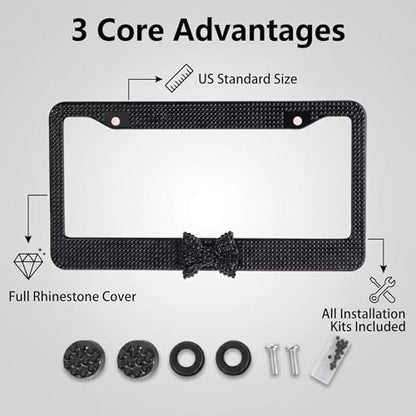 Fashion Premium Handmade Crystal License Plate Frames,Waterproof Bling License Plate Covers,US Universal Rhinestone License Plate Holder for Women(1 Frame,Black Frame Black Bowknot)