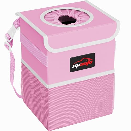 EPAuto Waterproof Car Trash Can with Lid and Storage Pockets, 2.5 Gallon Leakproof, Pink - color: Pink