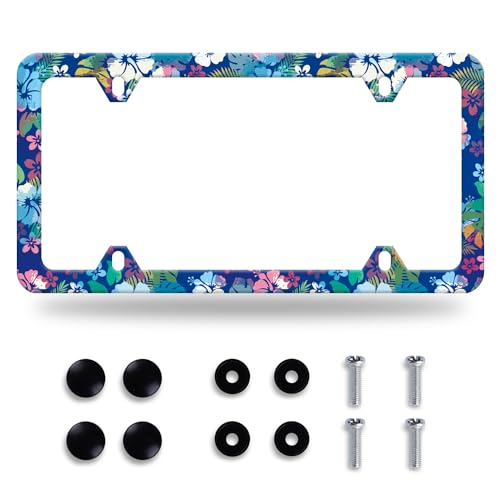 Blue Pink Hibiscus License Plate Frame Colorful Tropical Floral License Plate Frames Stainless Steel Accessories Cars Decor with 4 Holes and Screws Fits Standard US CA Vehicles Size 12.2 x 6 Inches - color: Blue pink tropical hibiscus