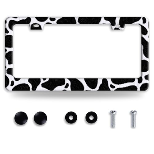 White Black Cow Print License Plate Frame Stainless Steel Animal Cows Spot License Plate Holder Funny Auto Accessory Decoration Women Men 12 x 6 Inch - color: Cow Print White Black Cows Spot