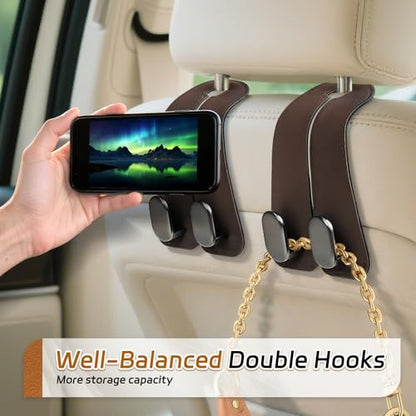 Car Seat Headrest Hooks - 2 Pack Universal Car Purse Hook, Leather Car Bag Purse Holder with Double Metal Hooks for Handbags, Grocery Bags, Bottles, Phones - color: Brown
