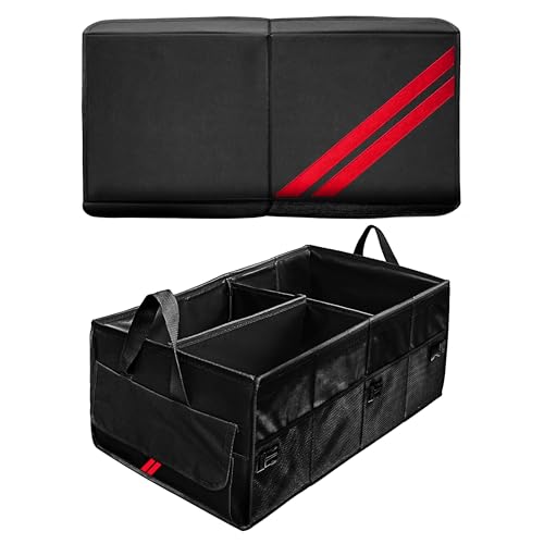 YOSRTER Car Trunk Organizer for Dodge Charger Durango Challenger Ram Collapsible Storage Box with Handle Foldable Lid Non Slip Bottom 2 Compartment Sturdy Base Panel for Dodge Accessories(Red Trim) - color: Red Trim