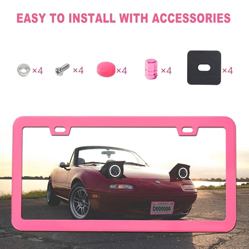 Pink License Plate Frame, Premium Fashion Matte Aluminum Alloy Holder with 2 Holes, 2 Pack Waterproof Rust-Proof Universal Car Frame for Women, Including Screws, Caps and Rattle Proof Pads - color: Pink