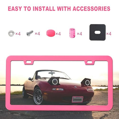 Pink License Plate Frame, Premium Fashion Matte Aluminum Alloy Holder with 2 Holes, 2 Pack Waterproof Rust-Proof Universal Car Frame for Women, Including Screws, Caps and Rattle Proof Pads - color: Pink